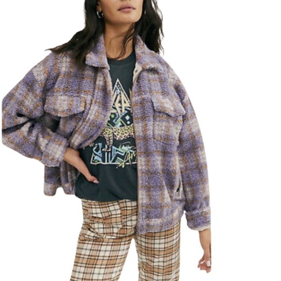 We The Free Faded Dreams Trucker Jacket Plaid Zip Up Cozy Purple Brown XL - Picture 1 of 10